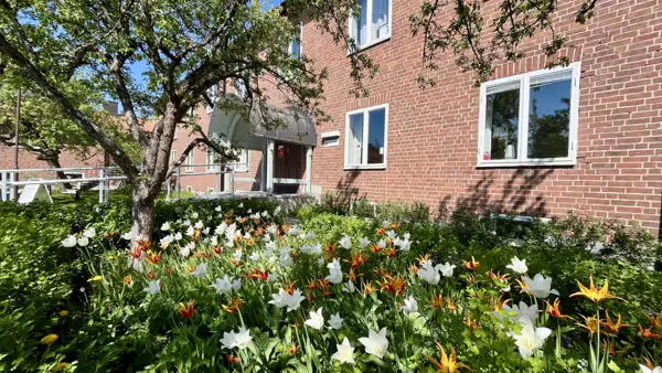 En tegelbyggnad med en blomsterträdgård framför.